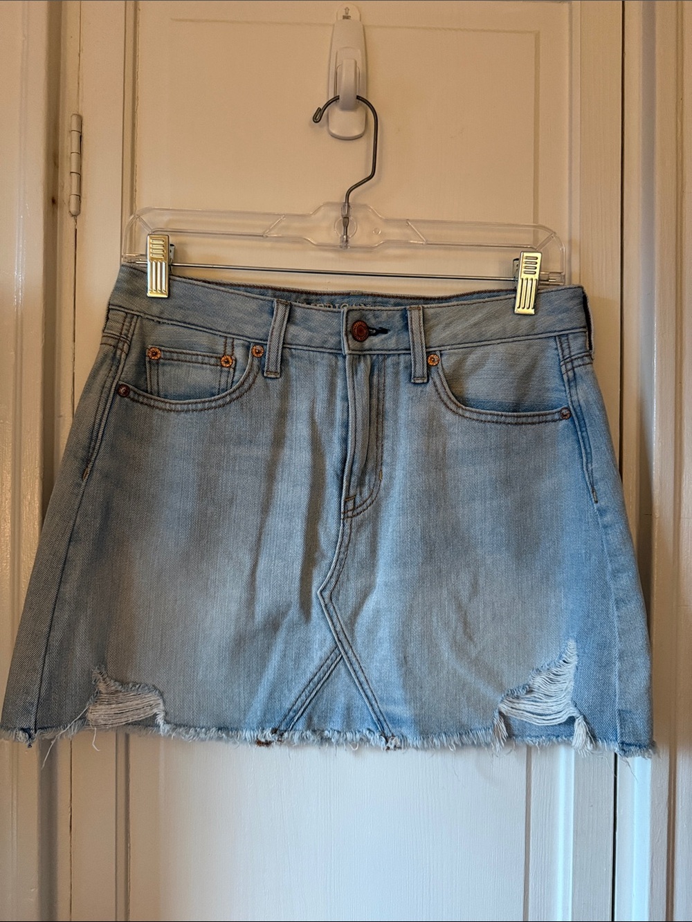 American Eagle Outfitters Light Blue Distressed Denim Mini Skirt